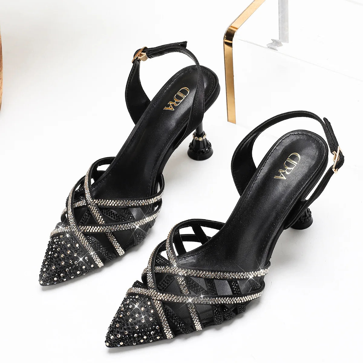 Cyflymder  Elegant Women's Pointed Toe Slingback Stiletto Sandals Crystal Diamonds Hollow Out Women Pumps High Heels Wedding Prom Shoes