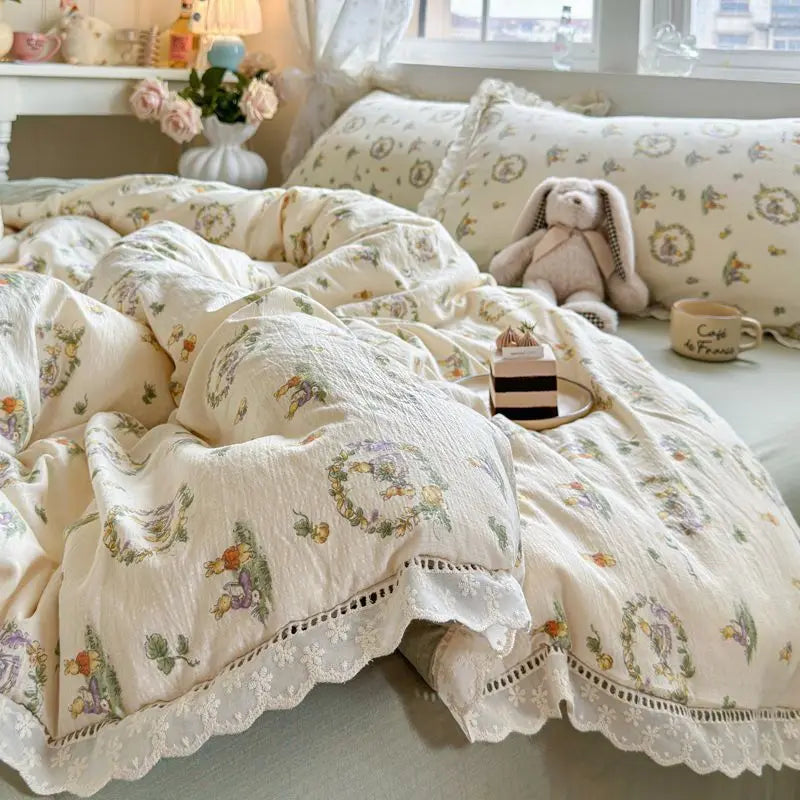 Cyflymder  Korean Style Girly Heart Floral Double Layer Gauze Four-Piece Set Princess Style Lace Trim Quilt Cover Bed Sheet Dormitory