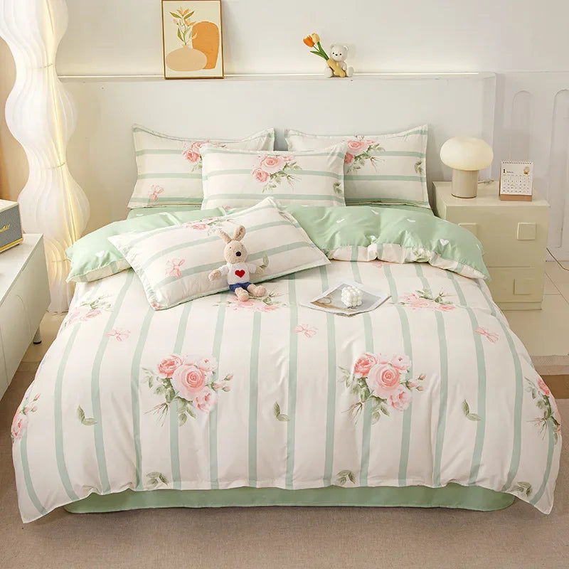 Cyflymder  Ins Style Plant Printed Skin Friendly Cotton Bed Sets 4Pcs Soft Cozy Duvet Cover Set for All Seasons King Queen Textile Supplies