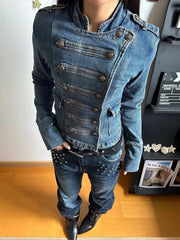 Cyflymder  New American Retro Y2K Millennium Aesthetic Women's Denim Cardigan Jacket Double-breasted High-neck Napoleon Style Outwear