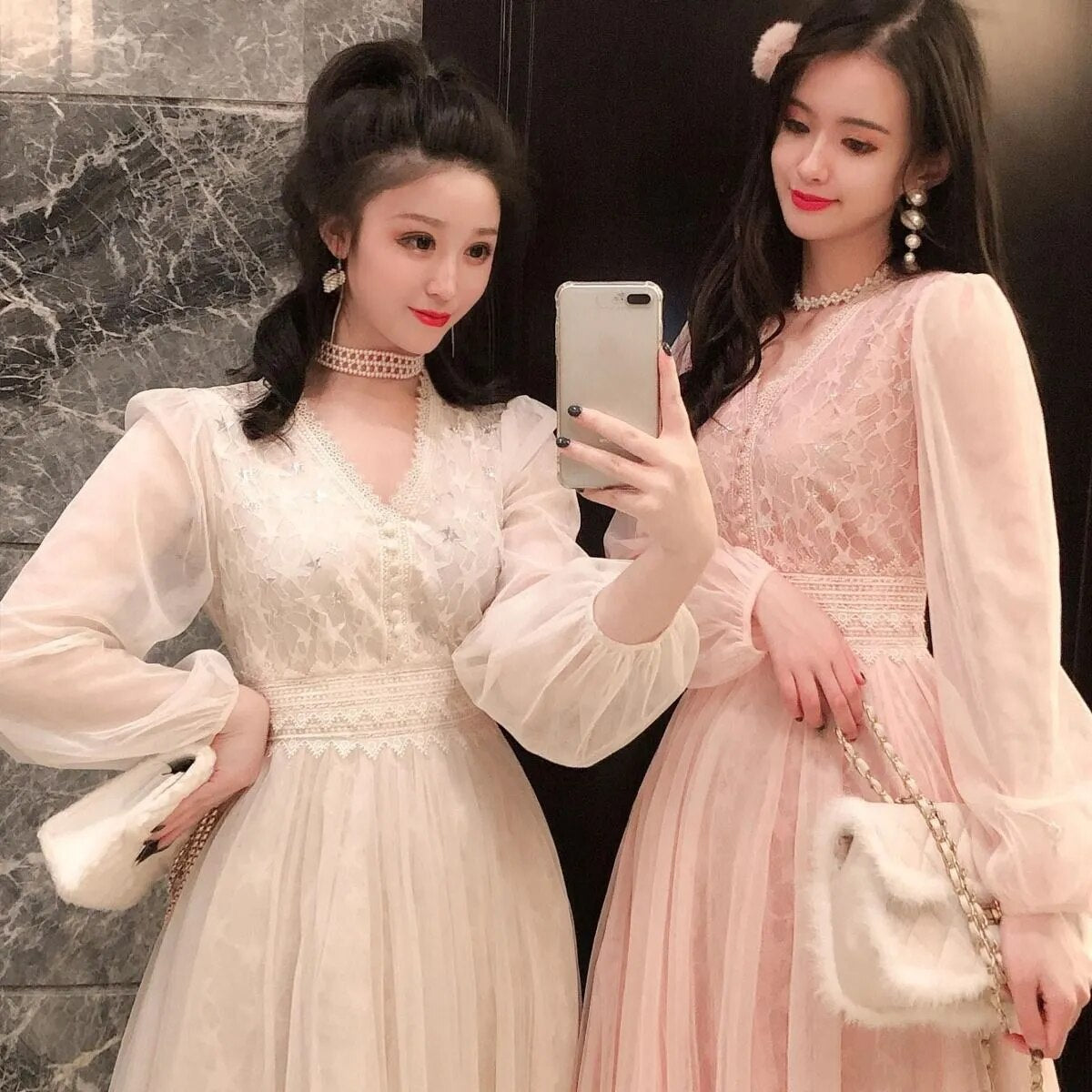 Cyflymder Spring Summer Women Long Mesh Dress V Neck Stars Sequins Pink Apricot Fairy Dress Elegant Chic Feminine Lace Party Dresses