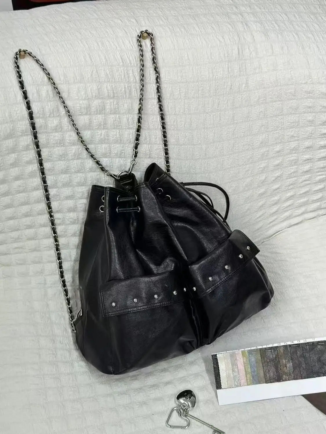 Cyflymder   Harajuku Solid Color Chain Backpack Women Drawstring Studded Leather Large Capacity Backpack Ladies Fashion Y2k Mochilas Mujer