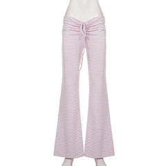 Cyflymder   Women Y2K Striped Low Rise Flare Pants Front Ruched Drawstring Slim Bootcut Trousers Korean Fashion Sweet Full Length Bottom New