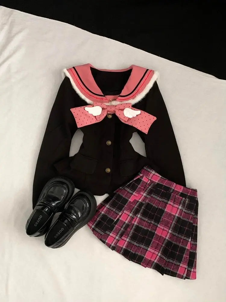 Cyflymder  Japanese College Style Sweet JK Skirt Suit Women Sailor Collar Bow Tops + Plaid Pleated Skirts New Vintage Slim Harajuku Outfits