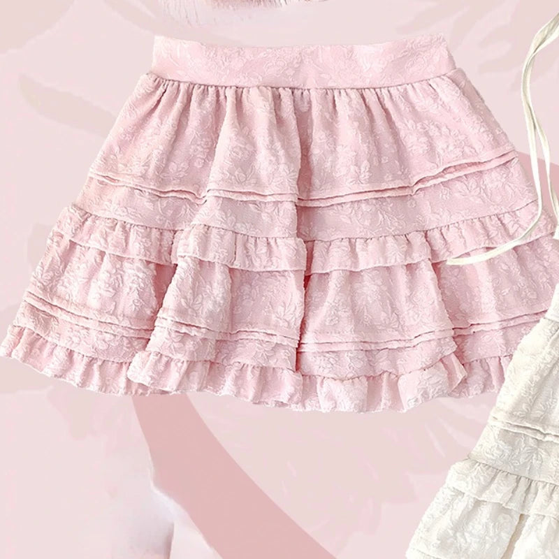 Cyflymder DRESS TO IMPRESS Autumn Kawaii Lolita Style Pink Skirt Sets Women Sweet Lace Bandage Tank Top Cute Mini Cake Skirt Chic Jacquard Relief Rose Suit