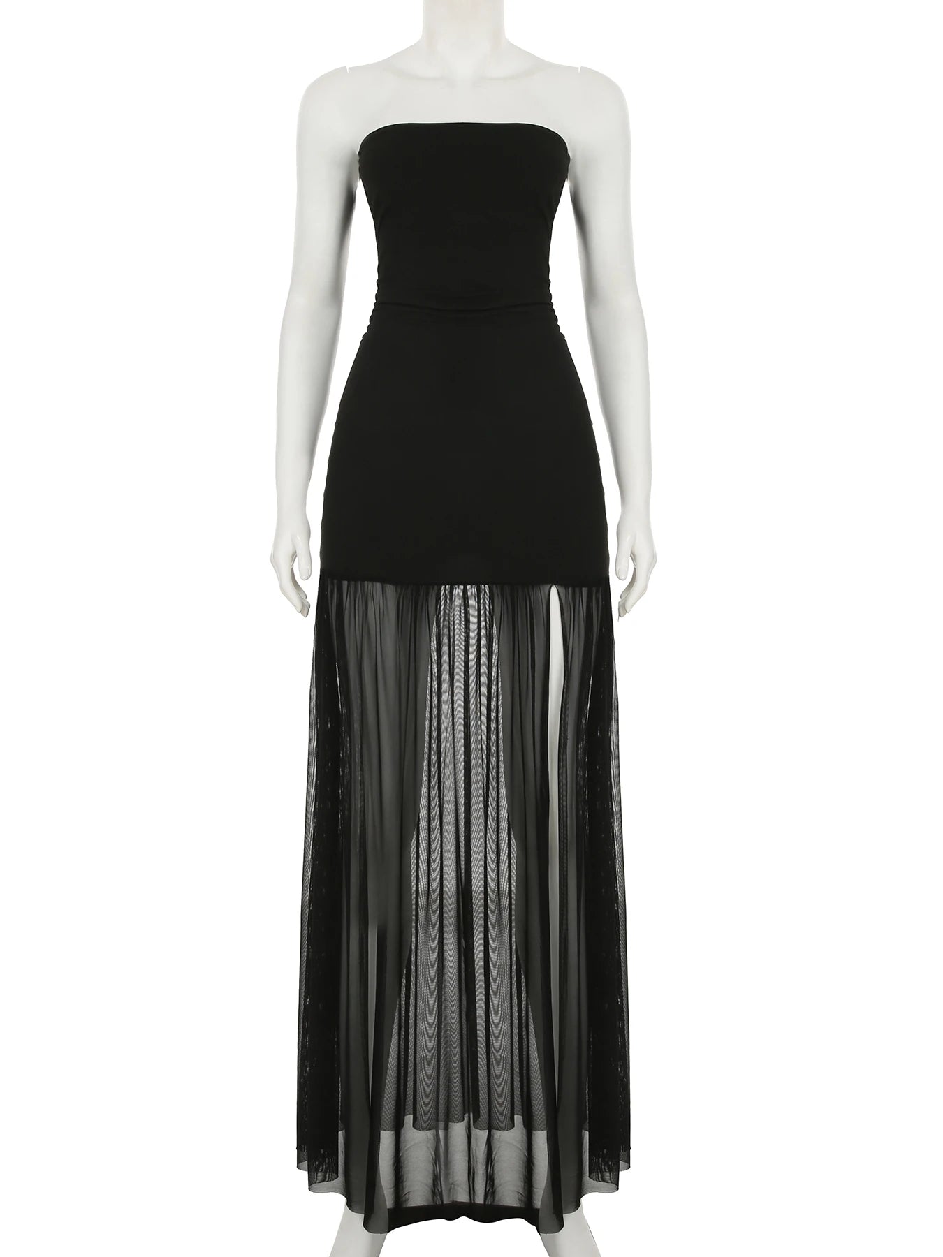 Cyflymder  Holiday Slim Patchwork Mesh Tube Dress Party Sexy Solid Slash Neck Sleeveless Split Maxi Dresses For Women Summer