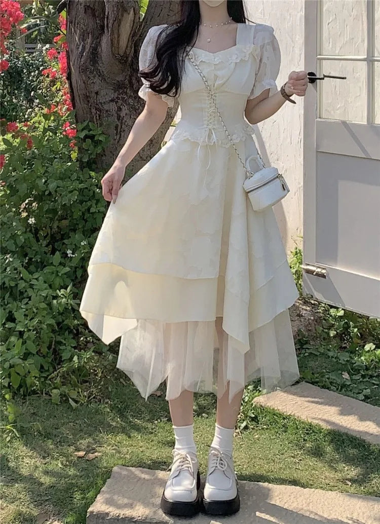 Cyflymder  Woman Dress Square Collar Puff Short Sleeve Ruffles Lace Bandage Flowers Spring Summer Sweet Elegant Dresses Princess