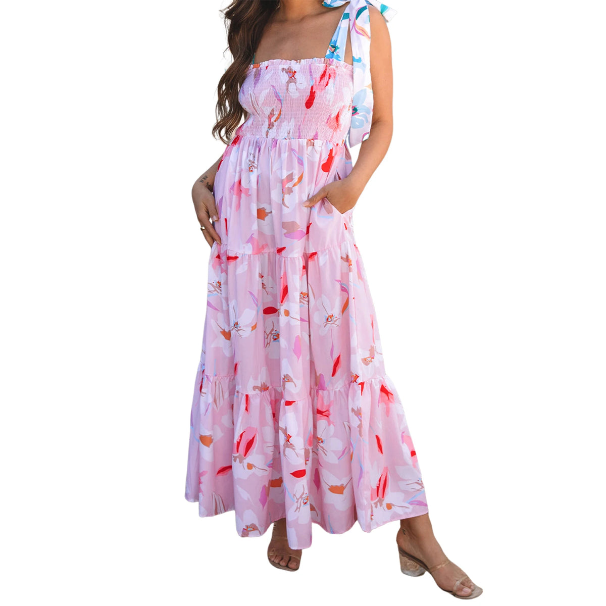 Cyflymder  Women s Boho V-Neck Maxi Dress with Ruffle Hem and Adjustable Spaghetti Straps for Summer Beach Wedding Party Casual Wear