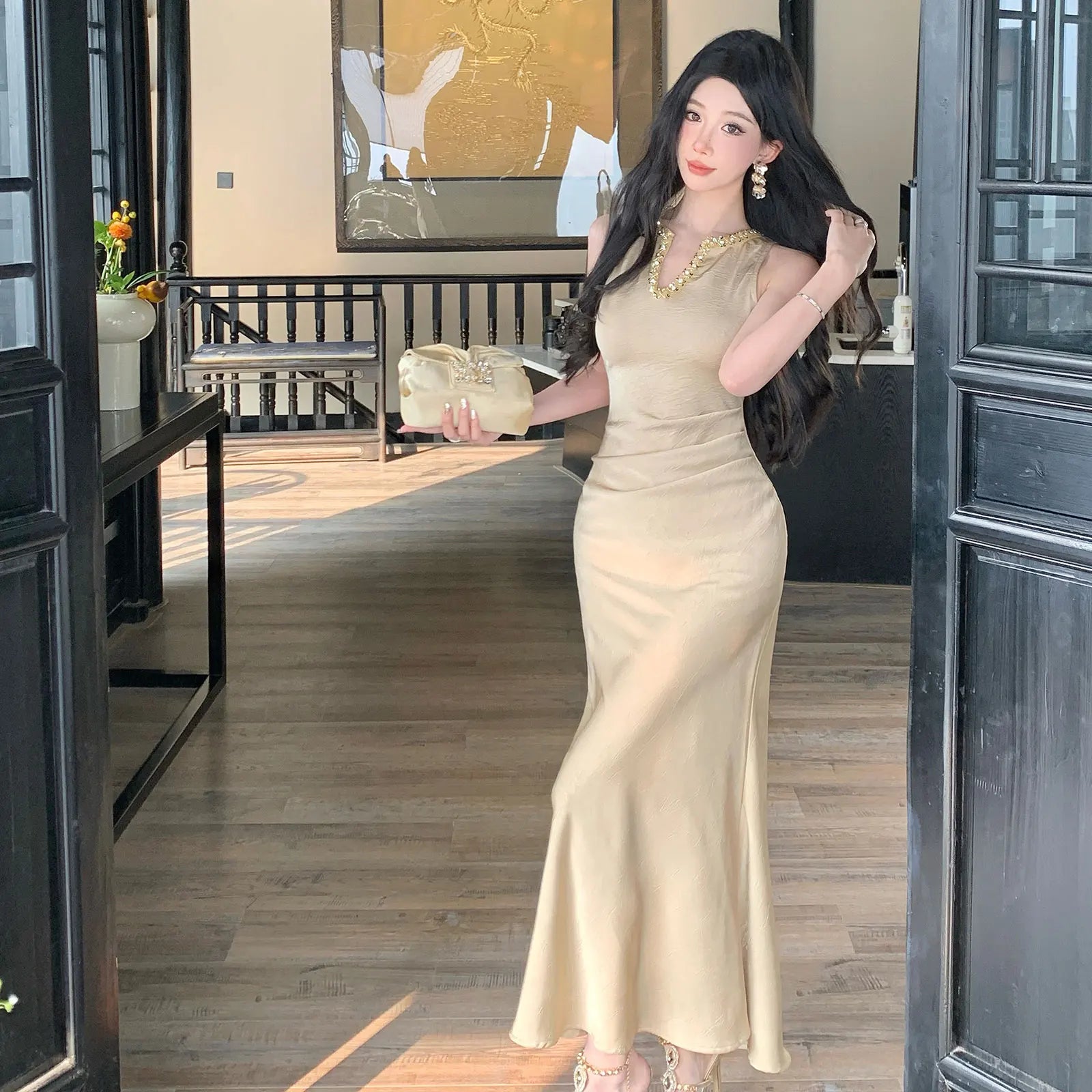 Cyflymder  Elegant Gold Sleeveless Long Dress V-Neckline Events Evening Parties Luxurious woman dresses  Hot Sexy Flowy Clothing