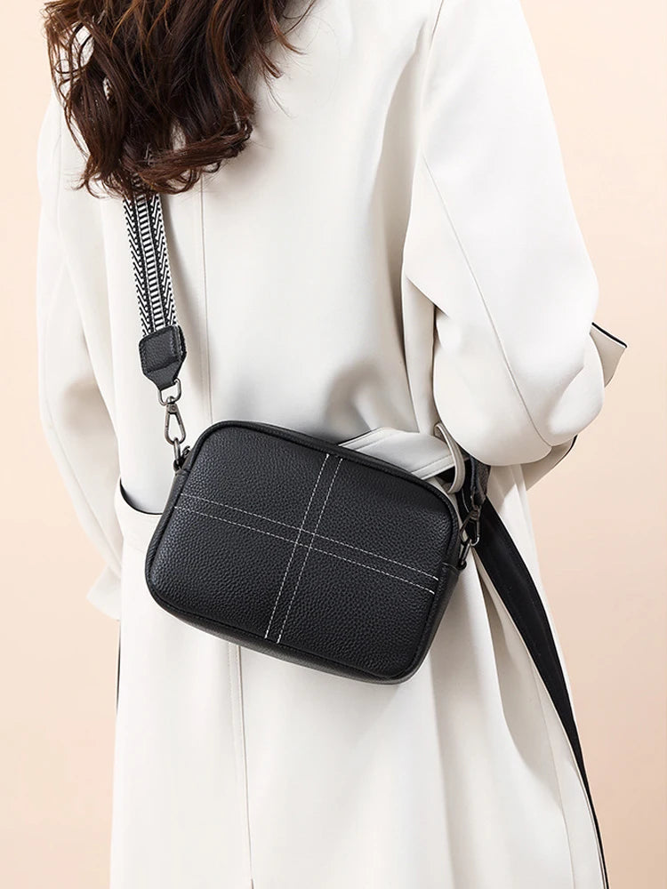 Cyflymder  Small Genuine Leather Camera Crossbody Bags for Women Zip Cross Body Purses Trendy Design Handbag with Wide Strap