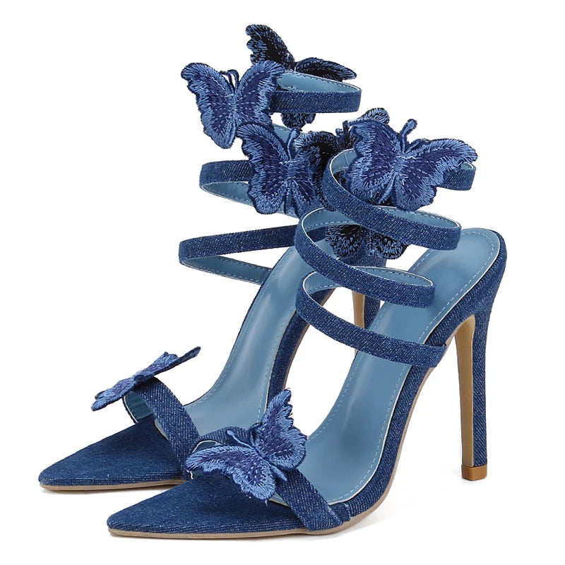 Cyflymder   Sexy Denim Butterfly-knot High Heels Women Sandals Hollow Out Ankle Strappy Shoes Summer Pointed Toe Zapatos Mujer