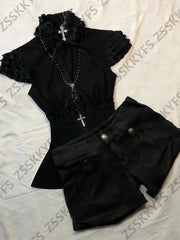 Cyflymder  Summer Gothic Girl V-neck Shirts Top Punk Grunge Clothes 90s T-shirts Women's Harajuku Dark Sexy Shorts Tshirt Lace Y2k Set Tees