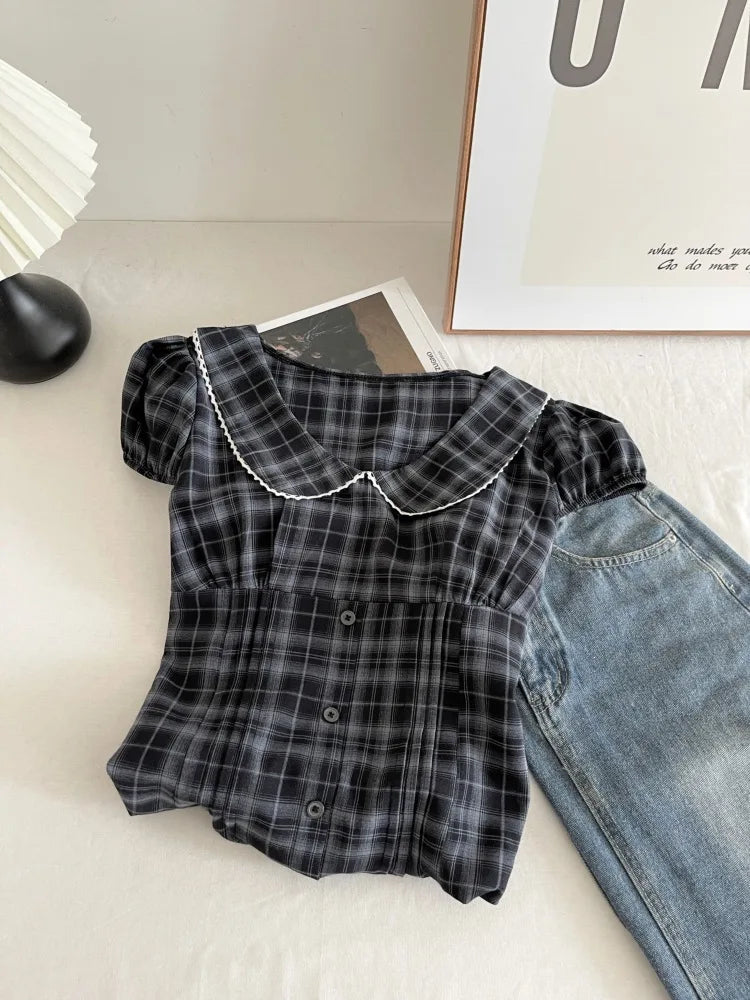Cyflymder   Summer Vintage Plaid Print Peter Pan Collar Puff Sleeve Buttons A-LINE Short Woman Dress