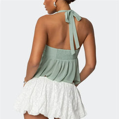 Cyflymder  Women Sequins Patchwork Green Chiffon Vest Sexy Halter Backless Sleeveless Cropped Tops Summer Chic Lady High Street Wear