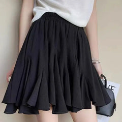 Cyflymder  Korean Pleated Fashion Irregular Mini Skirts Women's Clothing High Waist Summer Ruffles A-Line Elastic Basic Solid Color Skirts
