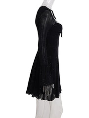 Cyflymder  Sexy Sparkly Sheer Mesh Party Dress Women Fashion Black Tie-up Low Cut Front Long Sleeve A Line Mini Midnight Club Dress