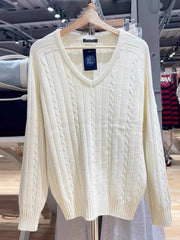 Cyflymder  Women V-neck Knitted Sweater Casual Autumn Winter Cotton Warm Loose Twisted Flower Pullover Tops Harajuku Solid Vintage Jumper