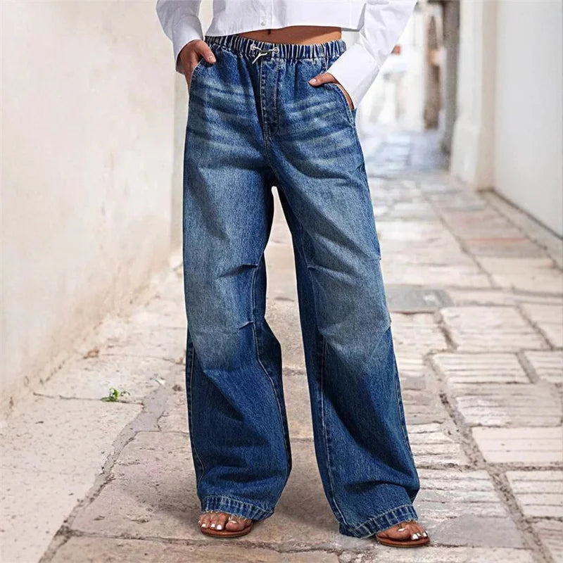 Cyflymder  Spring Women's Wide Leg Pleated Loose Jeans New Retro Y2K Punk Mid waist Straight Leg Jeans Street Style Pants Denim Jeans