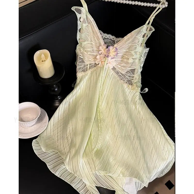 Cyflymder  Green Butterfly Sling Top&shorts 2Pcs Pajamas Set Lady Fairy Princess Style Home Clothes Lace Trim Lingerie Summer Loungewear