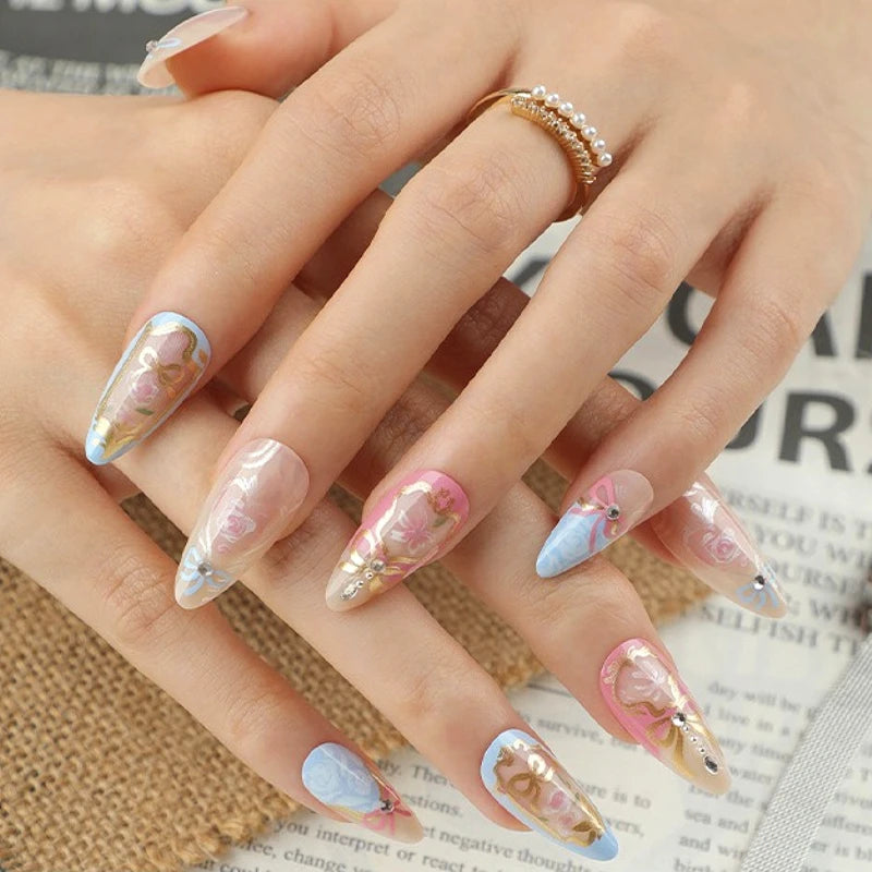 Cyflymder  Blue Ribbon Bowknot White Flora Lace Pearl French Nail Art Wearable False Nails Detachable Finished Fake Nails Press on Nails