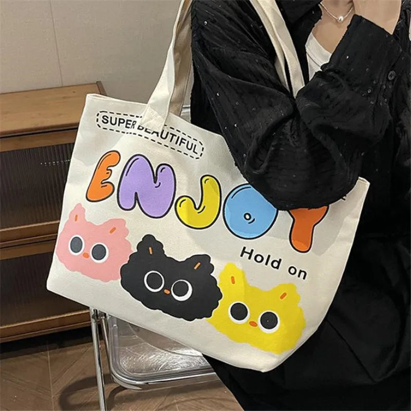Cyflymder  Letter Printed Tote Bag, Cute Cartoon Canvas Handbag Shoulder Bag, Large Capacity Shopping Bag, Campus Computer School Book Bag