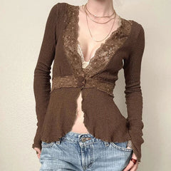 Cyflymder Fairycore Lace Patchwork Deep V-neck Top Brown Sexy Button-up Cardigan Chic Elegant Flared Long Sleeve T-shirts Y2K