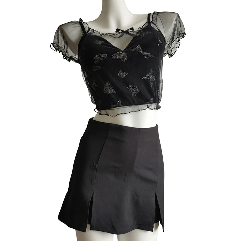 Cyflymder  3 Piece Set Women Butterfly Pattern Cropped Mesh Tops Mini Shorts Skirt Cute Suit for Sweet Girl Black Outfits Kawaii Clothes