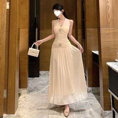 Cyflymder  French Style V-Neck Hanging Neck Slimming Long Dress Sexy Pure Desire Beach Vacation Dress Elegant Waist-Cut Gown
