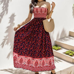 Cyflymder  Women Summer Boho Dress Ethnic Style Strapless High Waist A-Line Maxi Dress Floral High Waist Backless Off Shoulder Beach Dress