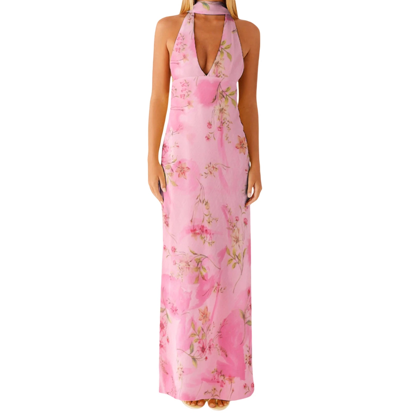 Cyflymder  Elegant Maxi Dress with Boho Floral Print and Halter Neckline Sexy Backless V-Neck Sleeveless Dress for Summer Beach Party