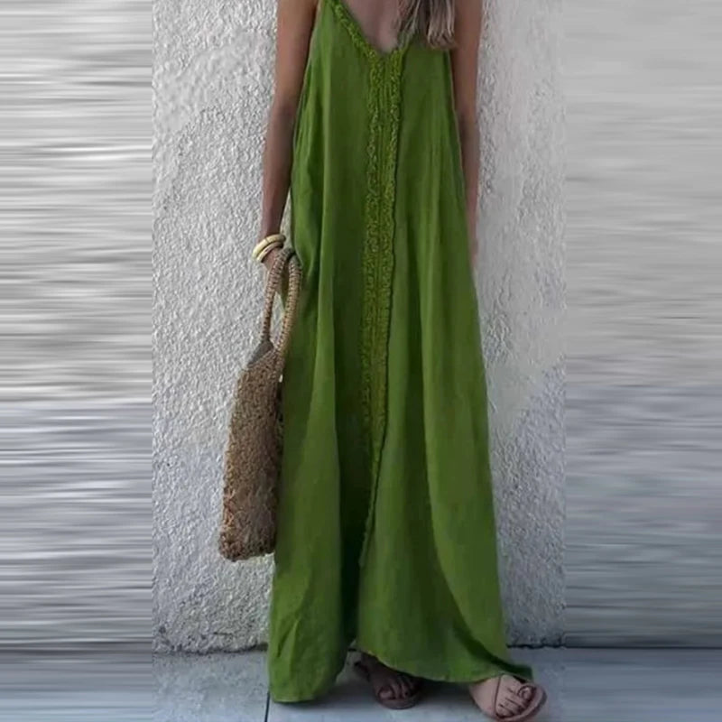 Cyflymder  New Summer Solid Color Loose Evening Dress Elegant V-neck Linen Vacation Style Dress Fashion Ruffles Sleeveless Long Sling Dress