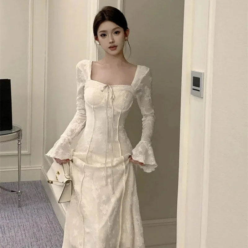 Cyflymder  BowJacquard Square Collar Flare Sleeve Dress Women's Autumn/Winter Waist-Fitted Slimming New Chinese Style Soft Long Dress