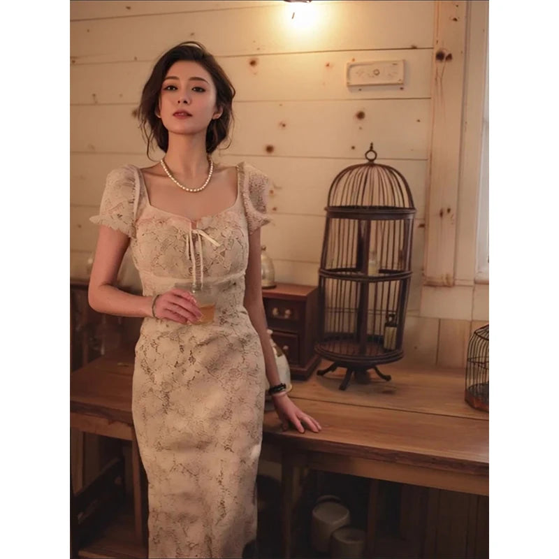 Cyflymder  Vintage Midi Dress Women Elegant Party Prom Lace Square Collar Dresses Summer Korean Puff Short Sleeve Bodycon Design Vestidos