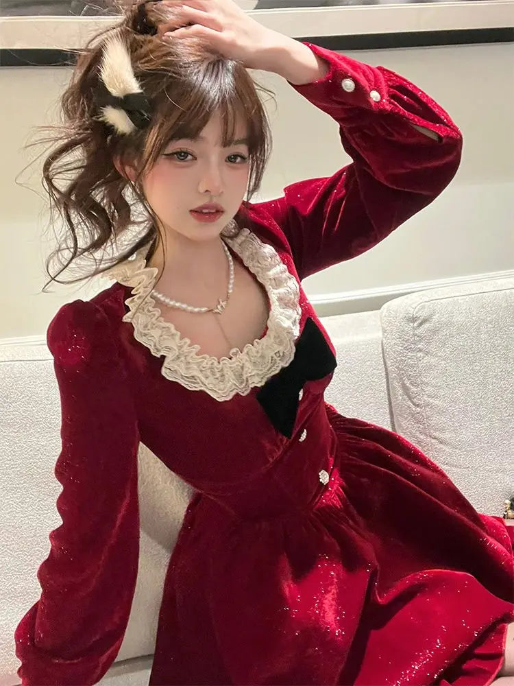 Cyflymder DRESS TO IMPRESS Autumn Red Lace Elegant Dress Women Patchwork Party Mini Dress Female Casual Korean Fashion One Piece Designer Dress New