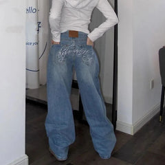 Cyflymder  Women Chic Retro Straight Leg Jeans Girls High Waist Leisure Denim Trousers Female Shinny Crystal Designer Baggy Pants