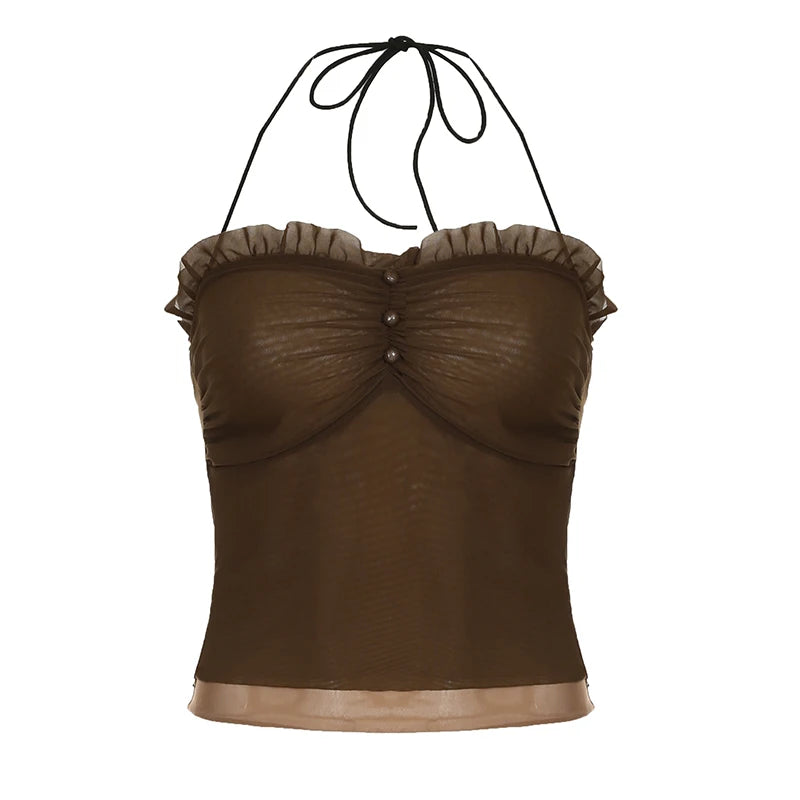 Cyflymder  Holiday Solid Mesh Dress Sets Beach Style See Through Slim 2 Piece Sets Slash Neck Camis Tops Low-Waisted Mini Skirts