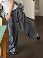 Cyflymder  Korean Women's Gray Wide Leg Pants Summer Retro Loose Fit High Waist Flowy Office Trousers with Casual Elegant Design