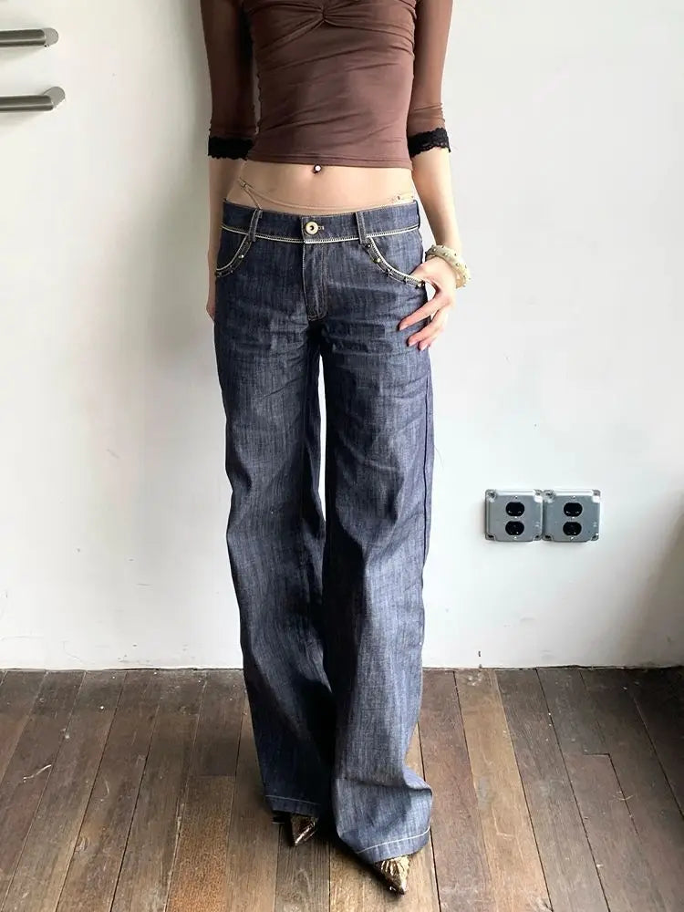 Cyflymder  Blue Lace Patchwork Jeans Women Y2k Vintage Low Waist American Style Straight Denim Trousers Slim Grunge Streetwear