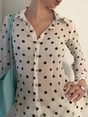 Cyflymder  Matching Polka Dot Outfit For Women Trendy Lapel Placket Front Sheer Blouse Bodycon Mini Skirt Suit Lady's Casual Night Out Set
