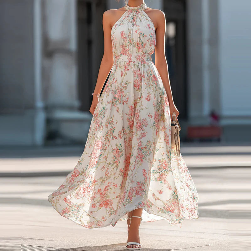 Cyflymder  Temperament Chiffon Sleeveless Party Dress Elegant Lady Off Shoulder Pleated Maxi Dress Floral Printed Slim Halter Evening Dress