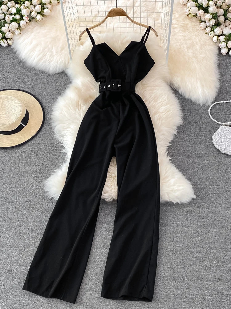 Cyflymder Summer Sexy Women Romper Female Red/Orange/Black Sleeveless High Waist V-Neck Wide Leg Playsuit With Sashes New Fashion Jumpsuit