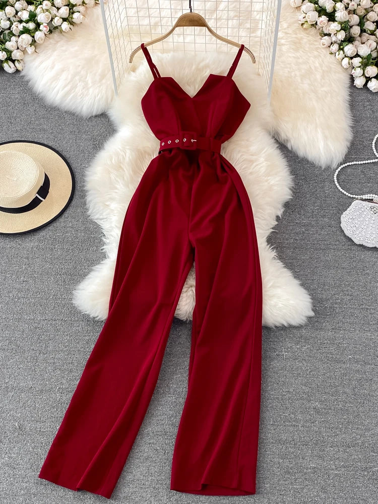 Cyflymder Summer Sexy Women Romper Female Red/Orange/Black Sleeveless High Waist V-Neck Wide Leg Playsuit With Sashes New Fashion Jumpsuit