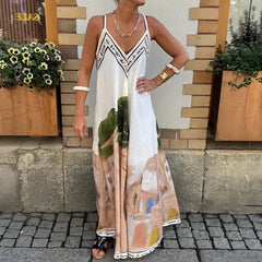 Cyflymder  Vintage Women V Neck Sleeveless Holiday Dress Casual Off Shoulder Hollow Swing Beach Dress Loose Suspender Summer Bohemian Dress