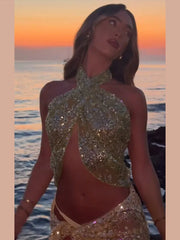 Cyflymder  Bead Embroidery Vest Lace Up Skirt Women Sequins Halter Backless Tank Tops Sexy Mini Skirt Seaside Street See Through Evening