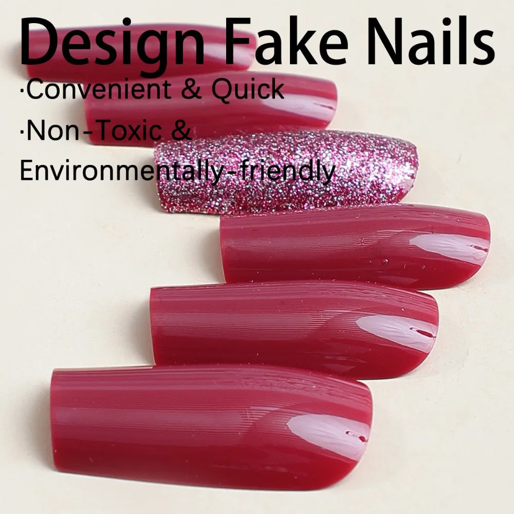 Cyflymder 24pcs Wine Red Powder Fake Nails Square Head French Ballet Nail Press on Nails Gradient False Nails Waterproof Faux Fingernails