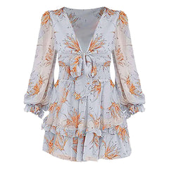 Cyflymder  Women'S Summer Floral Print Chiffon Dress Deep V Neck Long Sleeve Ruffled Hem Mini Dress Knot Waist A Line Cute Boho Beach Dress