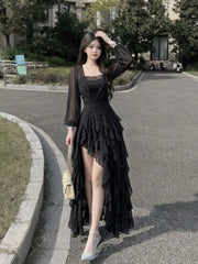 Cyflymder  Sexy Elegant Dark Camisole Dress Set Women Sheer Sleeves Lace Trim Ruched High Ruffle Hem Slim Fit Long Dress Elegant Outfit