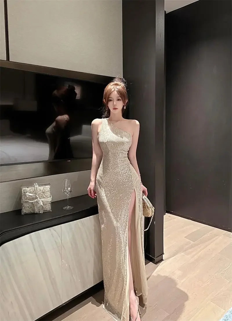 Cyflymder Summer Beige Sexy Club Off Shoulder Sequin High Split Long Dress Women Elegant Backless Birthday Party Evening Prom Dresses