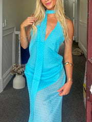 Cyflymder  Women's Elegant Slim Party Dress New Fashion Polka Dot Print Lace-up Drape Neck Maxi Dress Sexy Holiday Backless Dress