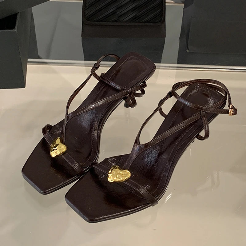 Cyflymder  Summer Fashion Metal Buckle Decoration Narrow Band Gladiator Sandals Women Square Toe Low Thin Heels Party Dress Shoes